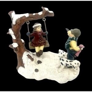 Vtg 1998 Mervyn's Christmas Village Figurine Girl Swing Boy Dalmatian Dog Doll
